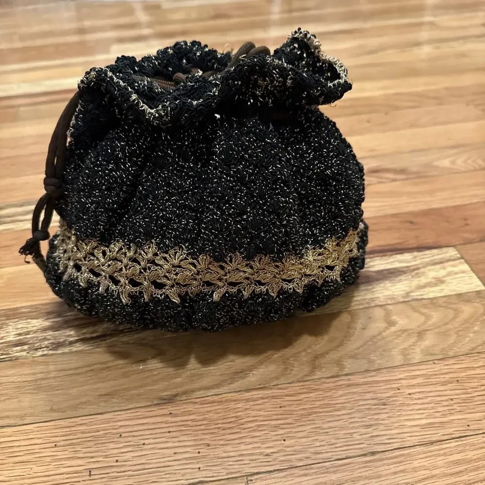 Vintage Black and Gold Metallic Draw String Evening Bag Clutch Purse DAMAGES